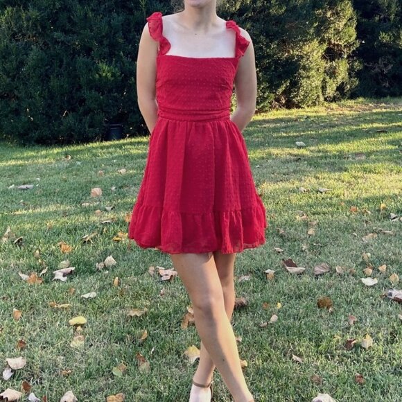 Red Dotted Chiffon Fit and Flare Dress - Picture 1 of 5